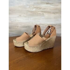 MARC FISHER Perforated Tan Leather ADALYNE Platform Jute Wedge Heels Size 8.5